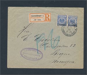 TYSK POST I TYRKIA Rekbrev stemplet "CONSTATINOPEL 25-8-96" til Bergen, Norge. Ankomststemplet "31 VIII 96"