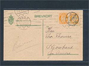 PERFINS "M.A" (Moss Aktiemølle) på bestillingskort med par Nk 98 brukt 1916