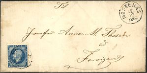 4. 4 skilling Oscar på brevomslag, stemplet "Moskenæs 12.10.1862" (NO).