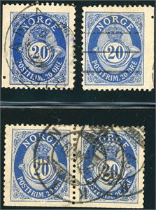79. 20 øre fintagget Knudsen i et horisontalt par som er beskåret nede (Fra FH 5) og to enkeltmerker, begge med hull i den utaggete siden (Fra FH 8).