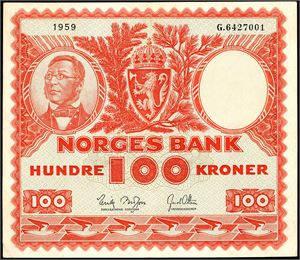 100 kroner 1959, serie G.6427001. 2