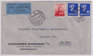 NK 207 x2, NK 215, Brev til Bolivia (luftpost) st. Kristiansund 16-II-40 (Ank.st. La Paz 29.Feb 40.