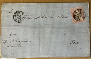 SVEITS Brev med 15r stemplet "BERN 25 AUG. 1857 NACHM." til Bex. Stempel brukt om ettermiddagen.