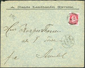 77. 10 øre Posthorn på konvolutt, anert med 4-rings "356" (Oland, Gjevedal, AA). Ved siden stemplet "Aamli 29.11.98" transittstemplet "Tvedestrand" på baksiden. Konvolutten er påtrykt avsender "A. Olands Landhandel Gjevedal.".