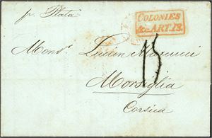 DWI. Complete letter, dated "St. Thomas 30 Euro 1855" and with postmark ""St.Thomas Ja 31 1855" at reverse and sent to Corsica, France. British/Frensh convention postmark "Colonies &c.Art.13." on the front.