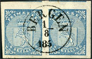 1. 4 skilling våpen 1855 i horisontalt par, pent stemplet "Bergen 1.8.185". Del av nabomerkene oppe, de øvrige sidene gode til normale.