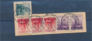 Nk 213-16 o. Klipp fra følgebrev med 6 Haakon-merker inkl 2 5kr stemplet "TRONDHEIM PP 2-8-39". Ankomst "KOPPERÅ 3 VIII 39" bak