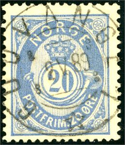 54 IIa. 20 øre 20 mm, annullert med hullstempel "Gudvangen 2.5.89".