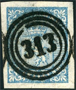 1. 4 skilling våpen 1855, anert med et nær rettvendt nummerstempel "313" (Trysil, HE, 7 pkt). Gode marger i alle sider.