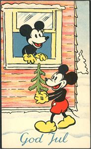 Mikke Mus feirer Jul. Disney-kort trykket hos Mittet & Co., Oslo - Serie 2612. K-1