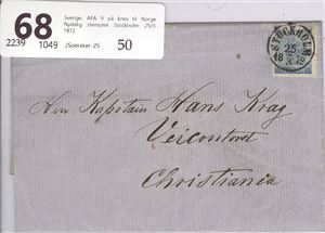 Sverige, AFA 9 på brev til Norge.  Nydelig stemplet Stockholm 25/3-1872