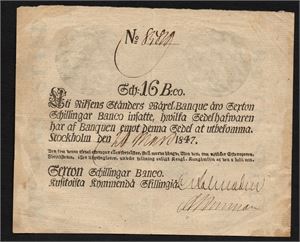 SVERIGE 18 skill b:co 1847, något fläckig, vikt, men hel och fin