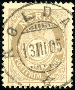 73 X. 1 øre fintagget Knudsen, pent fullstemplet "Røldal 13.3.05".