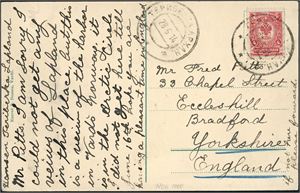 66. Russia. 4 kop on postcard, cancelled "Teriberka 28.5.14" and sendt to England, probably sent with "SS Lomonosov" which arrived Vardø 10 June, and then with "SS Sirius" which left Vardø 12. June on the Hamburger route.