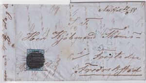 NK 1, NK1 på brev med 11-rist stempel, Håndskrevet "Næs Hall 22/3-55", sendt til Fredrikstad.  Transitst. Christiania 23/3-1855
