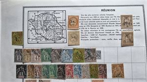 FRANSKA KOLONIER REUNION samling */o på blad inklusive bland annat Yv. nr. 10 och 13
