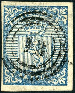 1. 4 skilling våpen 1855, anert med nummerstempel "10" (Alteidet, TR, 9 pkt). Venstre marg er smal, de øvrige er normale. Attest FCM.