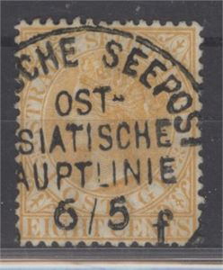 Tyskland DEUTSCHE SEEPOST OSTASIATISCHE HAUPTLINJE. Datostpl. på merke fra Straits Settlements.  Merket er i topp kvalitet, stempler over hjørnene gjør at foto ser skummelt ut.