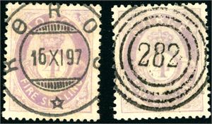 19 II. To 4 skilling Posthorn, den ene fullstemplet "Røros 16.11.97" og den andre med 4-rings "282".