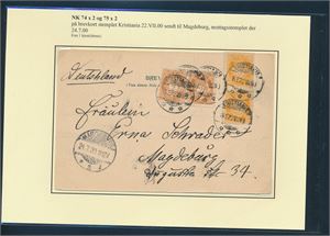 Nk 74 x2 og 75 x2 på brevkort stemplet "KRISTIANIA 8 E 22 VII 00" til Magdeburg, Tyskland. Oppgitt: 1 kjent.