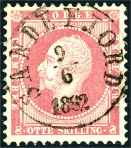 5. 8 skilling Oscar, pent stemplet "Sandefjord 9.6.1862".