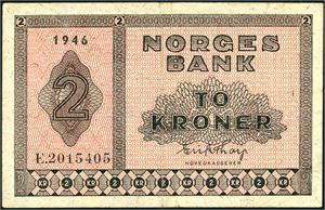 2 kroner 1946, serie E.2015405. 1+