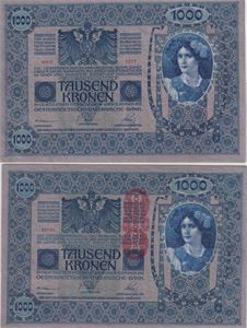 Sedler 5 utenlandske sedler.  En Britisk Nødseddel fra 1942, 2 Store Østrriske-Ungarske bank 1902  "Tausend Kronen" , samt to Spanske fra 1928.  Artig lot
