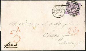 28 a. 6d lillac (pl. 9) on entire , cancelled "106  London Au 4 71" and sent to Norway. The rare ship cds "Arendal-Fr.havn" at reverse.