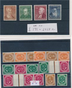 BRD xx Mi 156-59, 1952 Helfer der Menschheit (€ 130) + noen 1951 posthorn, dels sammentrykk