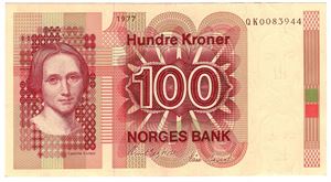 100 kroner 1977 QK. Erstatningsseddel. Brunt årstall. Kv.0/01
