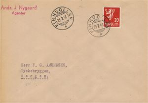 SA Finnvollan 25-2-46 (NT,6 pkt) på pent brev sendt til Bergen (ank.st. bak)