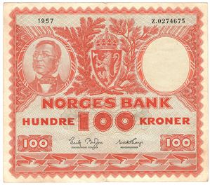 100 kroner 1957 Z.0274675. Erstatningsseddel. R-seddel. Kv.1/1+