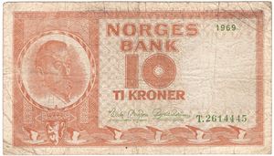 10 kroner 1969 T. Variant med grønt serienummer, underskrift og årstall