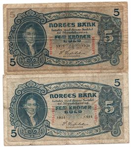 5 kroner 1925 J. og 1929 L. VK.