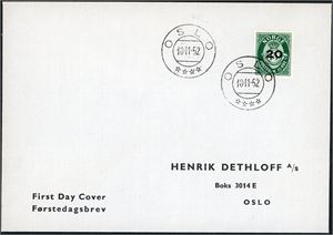 413. 20 øre Posthorn provisorie på konvolutt, stemplet "Oslo 18.11.52". (1.600,-).