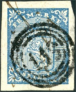 1. 4 skilling våpen 1855, anert med nummerstempel "119" (Hof i Jarlsberg, VF, 10 pkt). Gode marger.