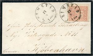 9. 8 skillings porto til Danmark. 8 skill på liten konvolutt til Kjøbenhavn, stemplet "Grimstad 17.9.1868". "Sandøsund" samt ankomststempel på baksiden.