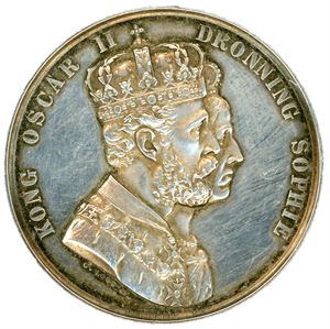 Oscar II, Kongen og Dronningens Kroning i Trondhjem 18. juli 1873. Kullrich. Sølv. 39 mm. Hild.50. 01