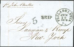 La Guaira. A complete letter, dated "Puerto Cabello 26 May 1863" and sendt to New York with three postmarks at front: "5" (in italics), "Ship" and a round "Philadelphia Pa. Jun 12 1863".