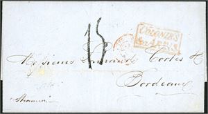 DWI. A complete letter, dated "St. Thomas 15 April 1855" to France. Red British/French "Colonies &.c. Art.13" in box together with a French postage number "15" (Decimes, domestic rate Calais to Bordeaux) on front. A rare "St. Thomas 1855" with two rings and no date, together with "Paris" and ""Bordeaux 5 mai 55" at reverse. Ex Rob L. Hansen.