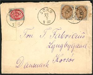 DWI. Two envelopes: One with 20 c postage to Denmark with two 10 c bicoloured on envelope to Korsør, cancelled St. Thomas 21.12". The envelope was in Denmark, added with one 8 øre, cancelled "Sorø 27.2" and  resent inland. Both 10 c with faults. The other envelope is franked with one 10 c (print V), cancelled "St. Thomas 23.9.1890" and sent to Hamburg and have a arrival cds at reverse.