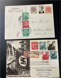 REICH 2 NSDAP postkort, et rekommandert, et stemplet "MÜLHEIM" og et "NÜRNBERG"