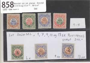 Arendal Lot på plansje  Arendal 1,7,9 10 og 13 er **.   Nr 6 er*