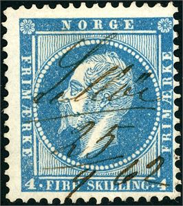 4 c. 4 skilling Oscar i melkeblå nyanse, anert med håndskrevet navn "Selløe 25/9 62" (SF).