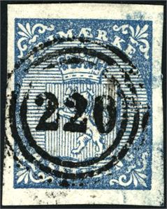 1. 4 skilling Våpen 1855, annullert med nummerstempel "220" (Næs i Romerige, AK, 6 pkt). Gode marger.