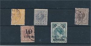 SURINAME o Mi 11a, 15, 20, 39 og 41, 5 tidlige merker (€ 79)