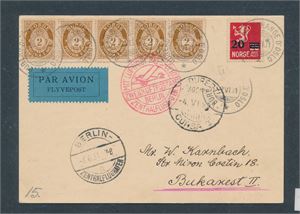 LUFTPOST Brev med Nk 597 x5 og 156 stemplet "BUREAU D'EXCHANGE D'OSLO" 2 VI 31 til Bukarest. Rødt tysk stempel "MIT LUFTPOST BEFÖRDERT" Flott
