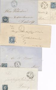 Vestfold Lot med 5 skillingsbrev fra Vestfold. NK 4 og 8, Holmestrand x2, Sandefjord x2 (både sort og blå), Horten