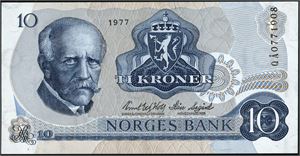 10 kroner 1977, serie QÅ 0771908. Erstatningsseddel. 0