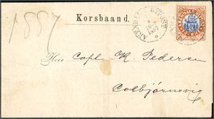 Arendal Bypost nr. 7. 2 øre på korsbånd, stemplet "Arendal Bypost 4.9.1887". Omslaget har et par flekker.